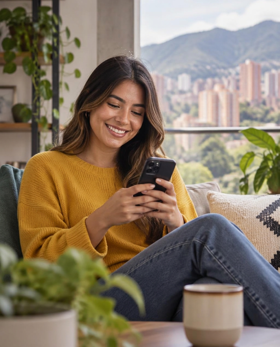 Joven colombiana revisando sus finanzas en el celular